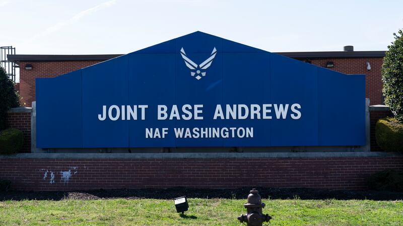 FILE - The sign for Joint Base Andrews is seen, Friday, March 26, 2021, at Andrews Air Force...