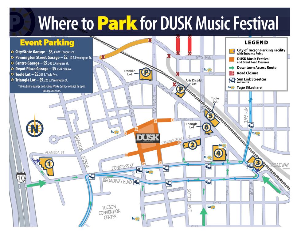 Several parking garages and lots are available for the Dusk Music Festival.