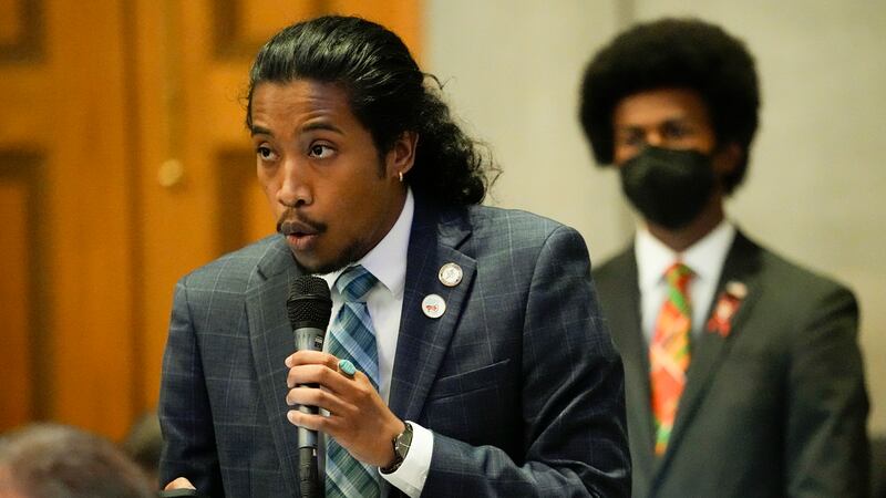 FILE - Tennessee Rep. Justin Jones, D-Nashville, speaks from the House floor during a special...