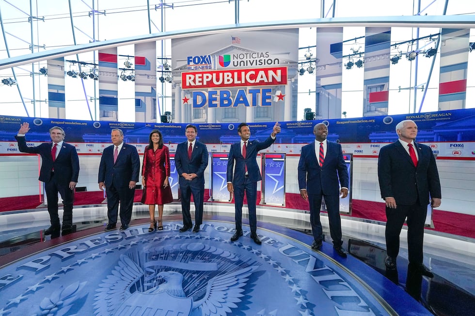 Republican presidential candidates, from left, North Dakota Gov. Doug Burgum, former New...