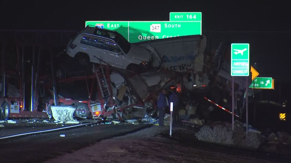 The semi appeared to have crashed into a car hauler.