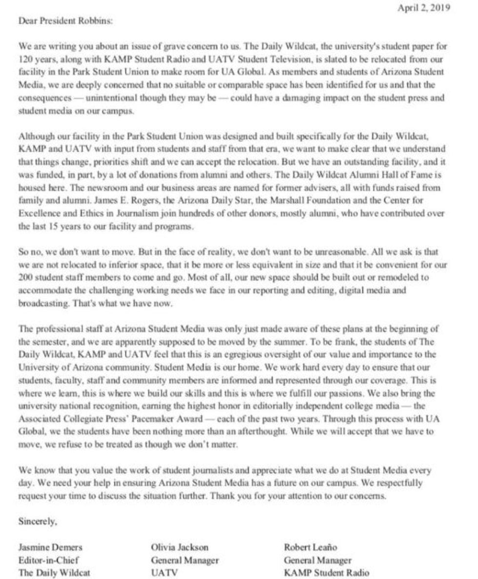 Letter to UA President Robbins (Source: KOLD News 13)