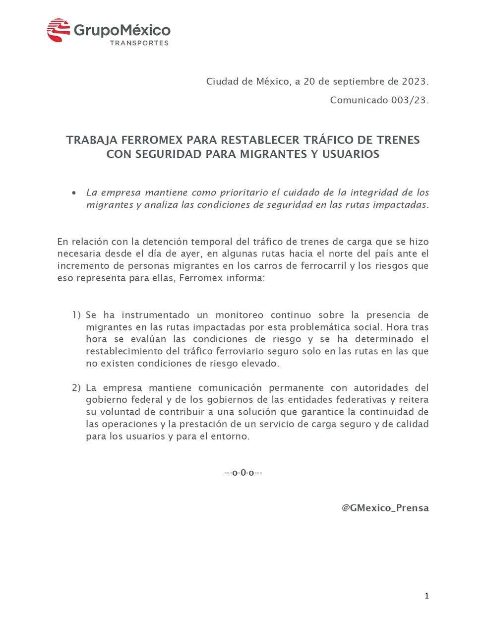 FerroMex Train statement that was released on Wednesday, Sept. 20, 2023.