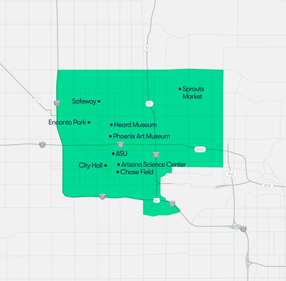 An updated map of Waymo's operations in metro Phoenix.