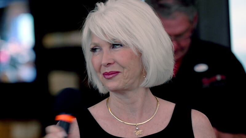 FILE - Tina Peters speaks to supporters at her election watch party in Sedalia, Colo., June...
