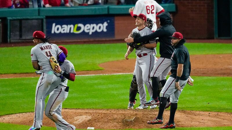 The Arizona Diamondbacks celebrate their win against the Philadelphia Phillies in Game 7 of...