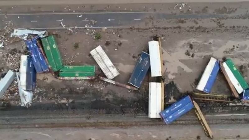 Aerial view of rail cars near derailment site. (Source: Tucson News Now)