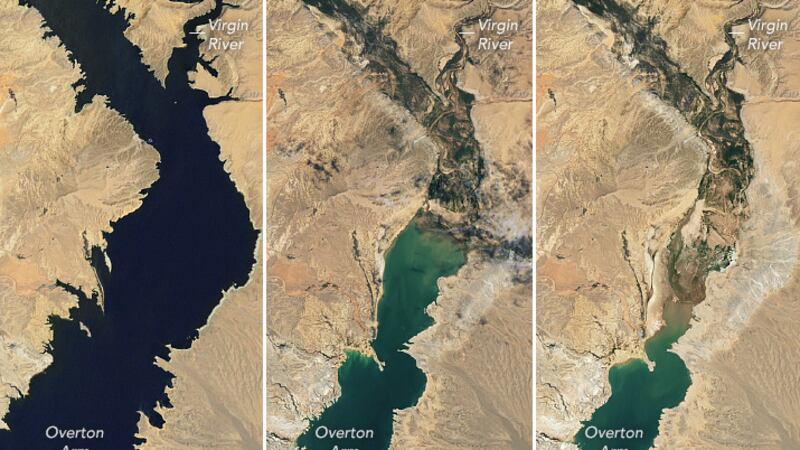 NASA satellite images show the decline of water at Lake Mead since 2000.